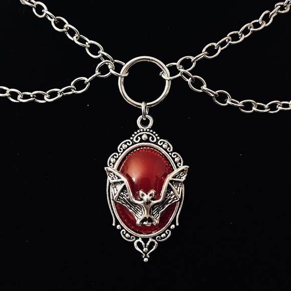 Hand Crafted Red Bat Pendant Choker Necklace - Picture 2 of 2